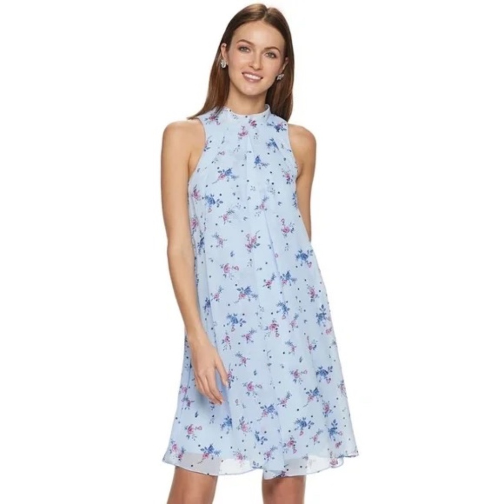 ELLE Dress Sleeveless Floral Summer Halter Fit & Flare Blue Pink Bow in Back XL